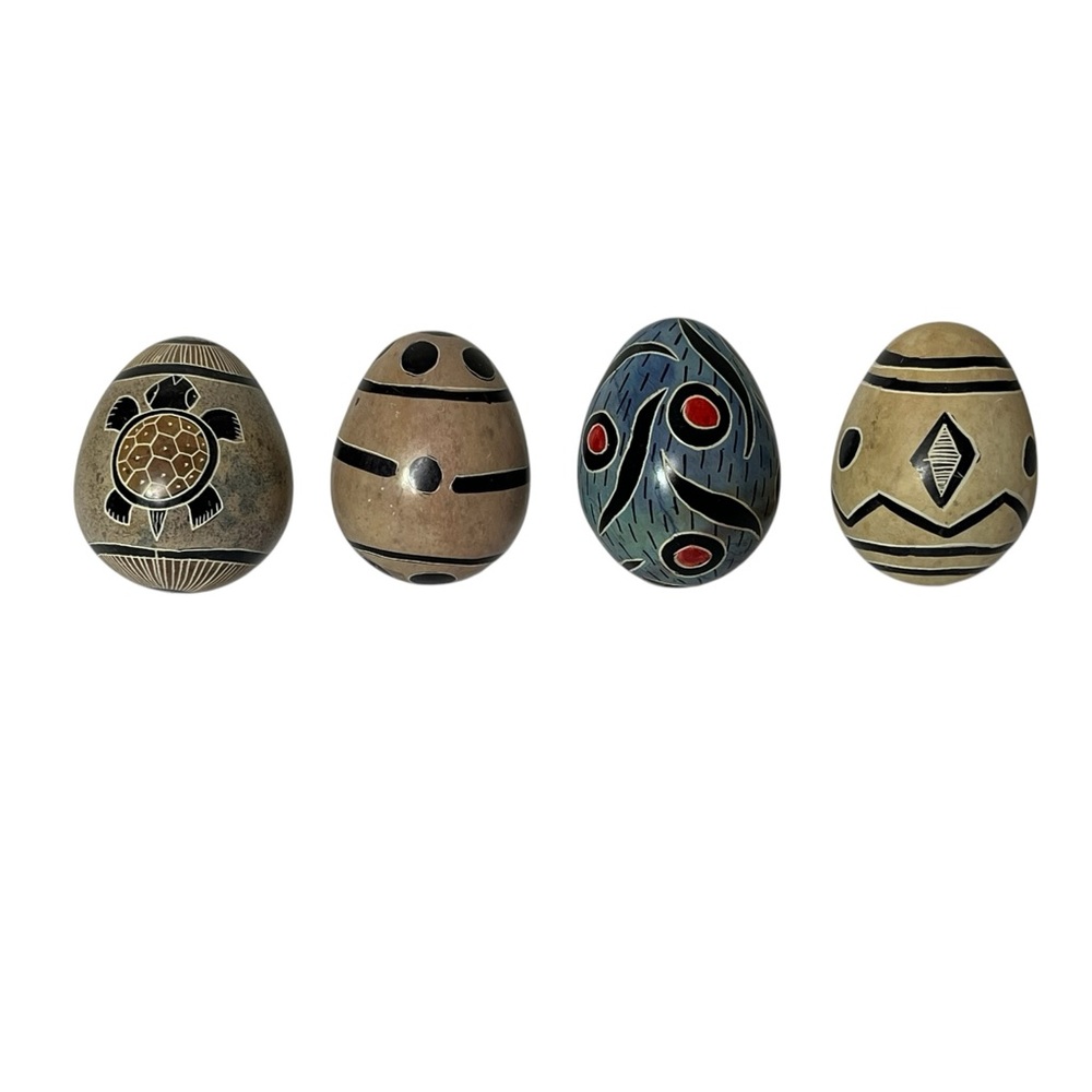 Hand Carved Painted Kenya Soapstone Eggs‎ 3" Set of 4